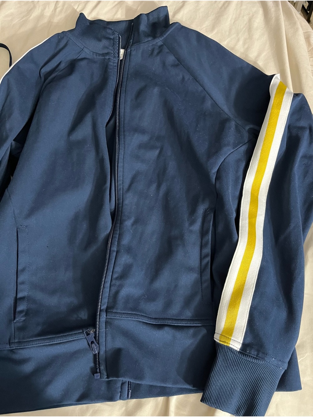 Navy Zip-Up Track Jacket Suit with Yellow & White Sleeve Stripes